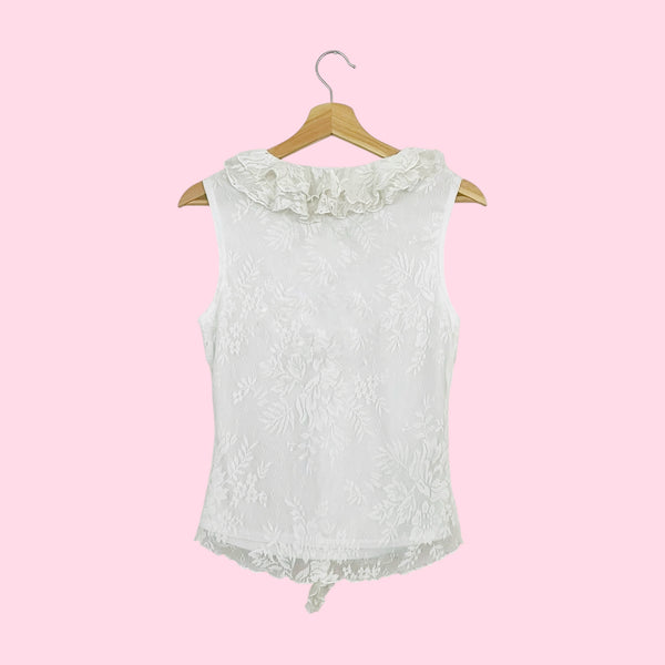 WHITE FLORAL LACE RUFFLE TANK (M)