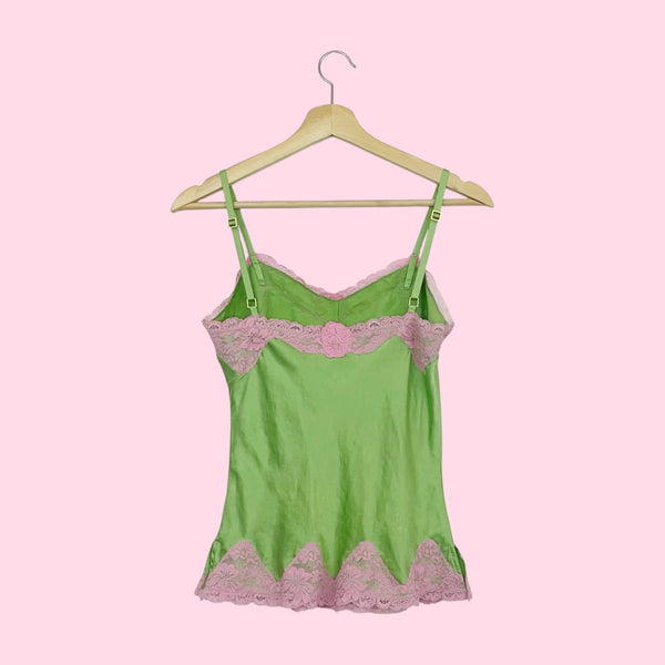 GREEN + PINK SILK LACE TRIM CAMI (XS)