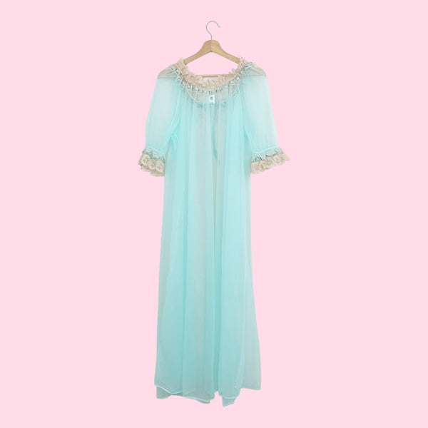 60s Aqua Nylon Peignoir w/ Tan Lace Trim (M)