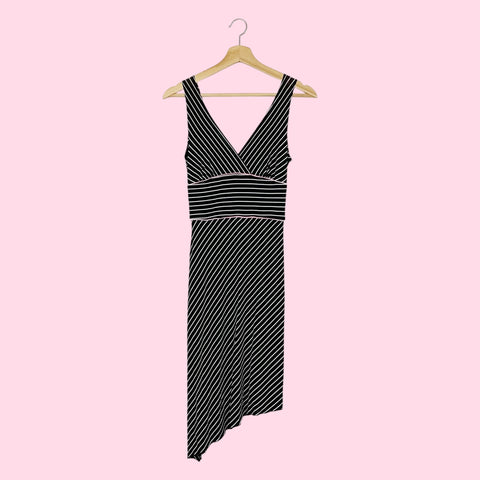 BLACK STRIPED ASYMMETRICAL MIDI DRESS (XS)