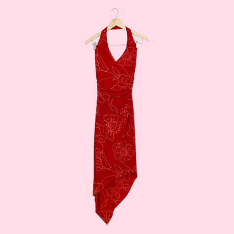 RED + ORANGE FLORAL ASYMMETRICAL HALTER DRESS (2/4)
