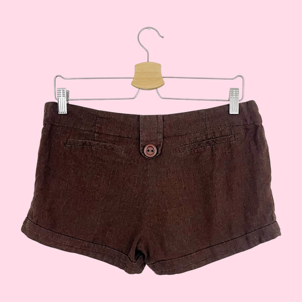 BROWN LINEN BLEND LOW RISE SHORTS (M)