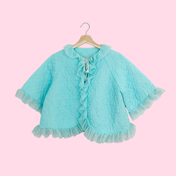 60s Aqua Quilted Ruffle Bed Jacket (S/M)
