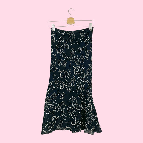 BLACK + CREAM FLORAL CINCHED MIDI SKIRT (S)