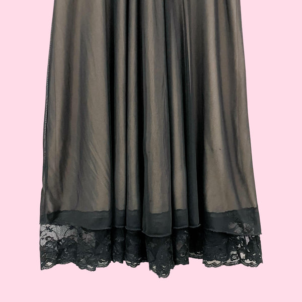 BLACK + TAN MESH LACE TRIM MIDI DRESS (S)