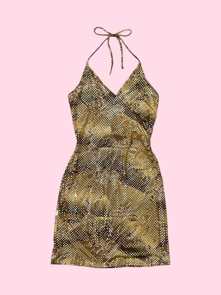 TAN FLORAL GOLD SEQUINS DRESS (S)