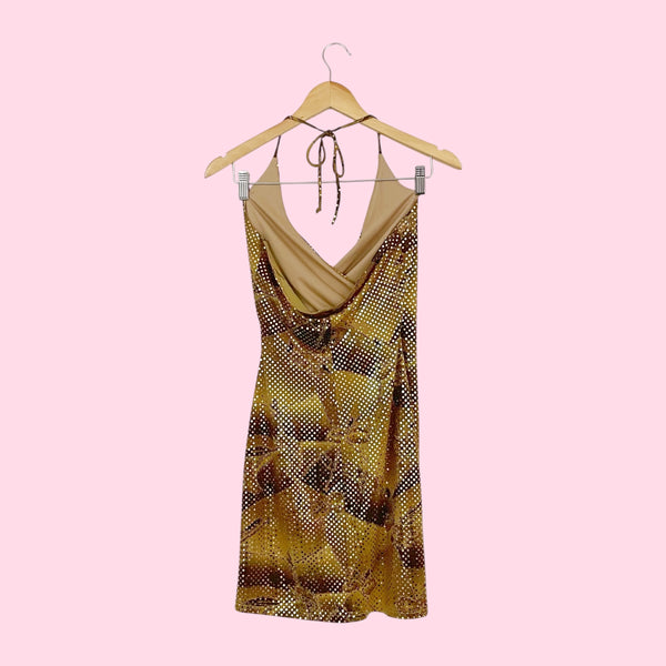TAN FLORAL GOLD SEQUINS DRESS (S)