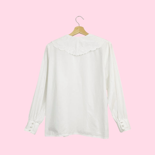 90s Cotton Blouse w/ Embroidered Collar (L)