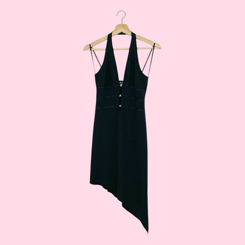 BLACK ASYMMETRICAL CUT OUT MIDI DRESS (XS/S)