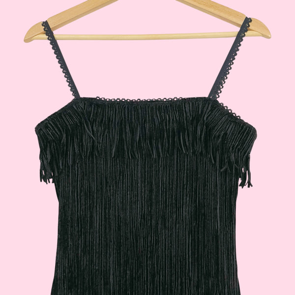 BLACK TEXTURED VELVET FRINGE DRESS (S)