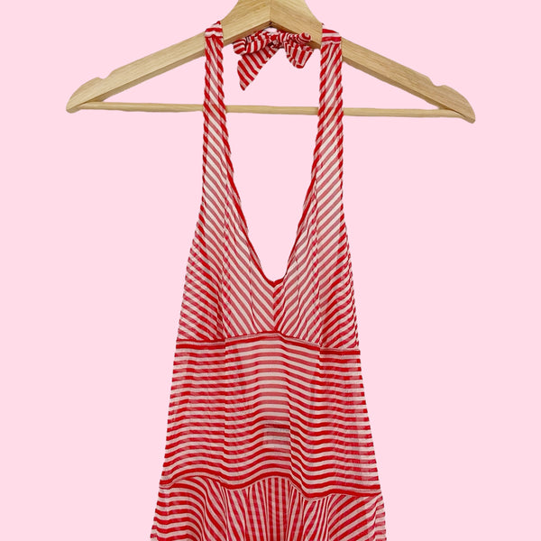 RED + WHITE STRIPED MESH HALTER DRESS (S)