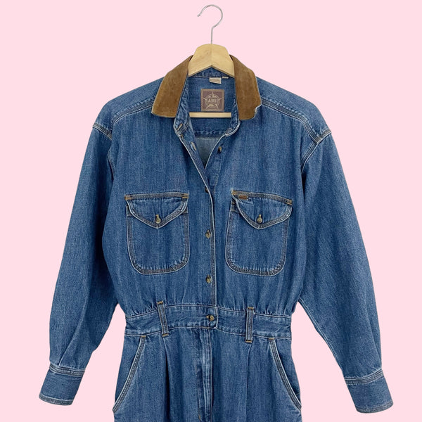 DENIM JUMPSUIT W/ LEATHER COLLAR (6)