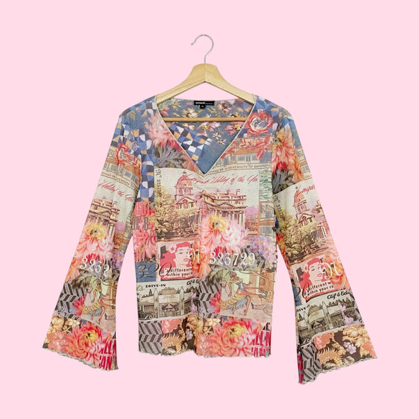 ALL OVER PRINT MESH BELL SLEEVE TOP (L/XL)
