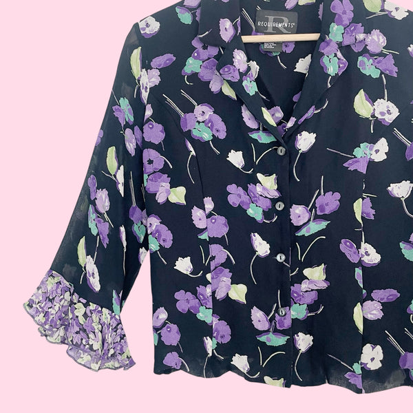 90s Navy Floral Rayon Tie Back Blouse (12)