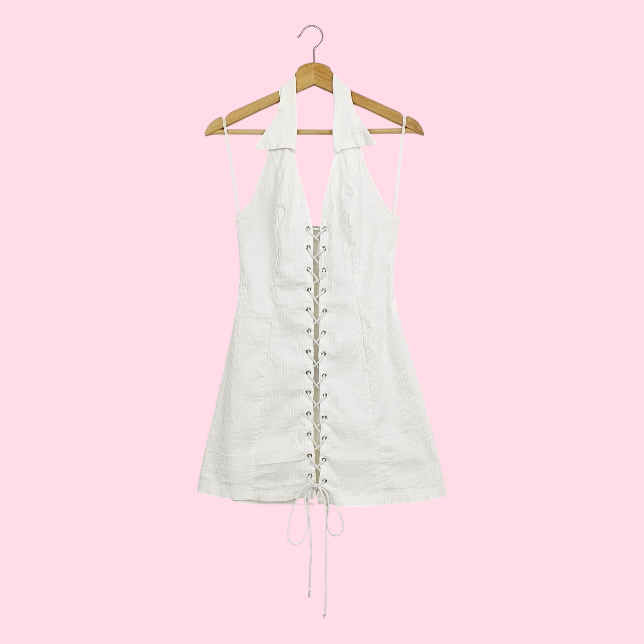 WHITE LACE UP HALTER MINI DRESS (M)