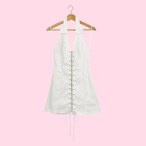 WHITE LACE UP HALTER MINI DRESS (M)
