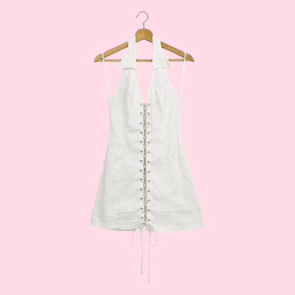 WHITE LACE UP HALTER MINI DRESS (M)