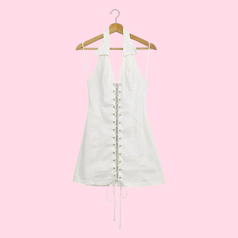 WHITE LACE UP HALTER MINI DRESS (M)