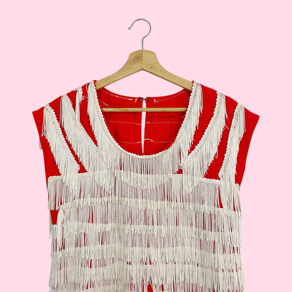 RED + WHITE FRINGE FLAPPER DRESS (S/M)