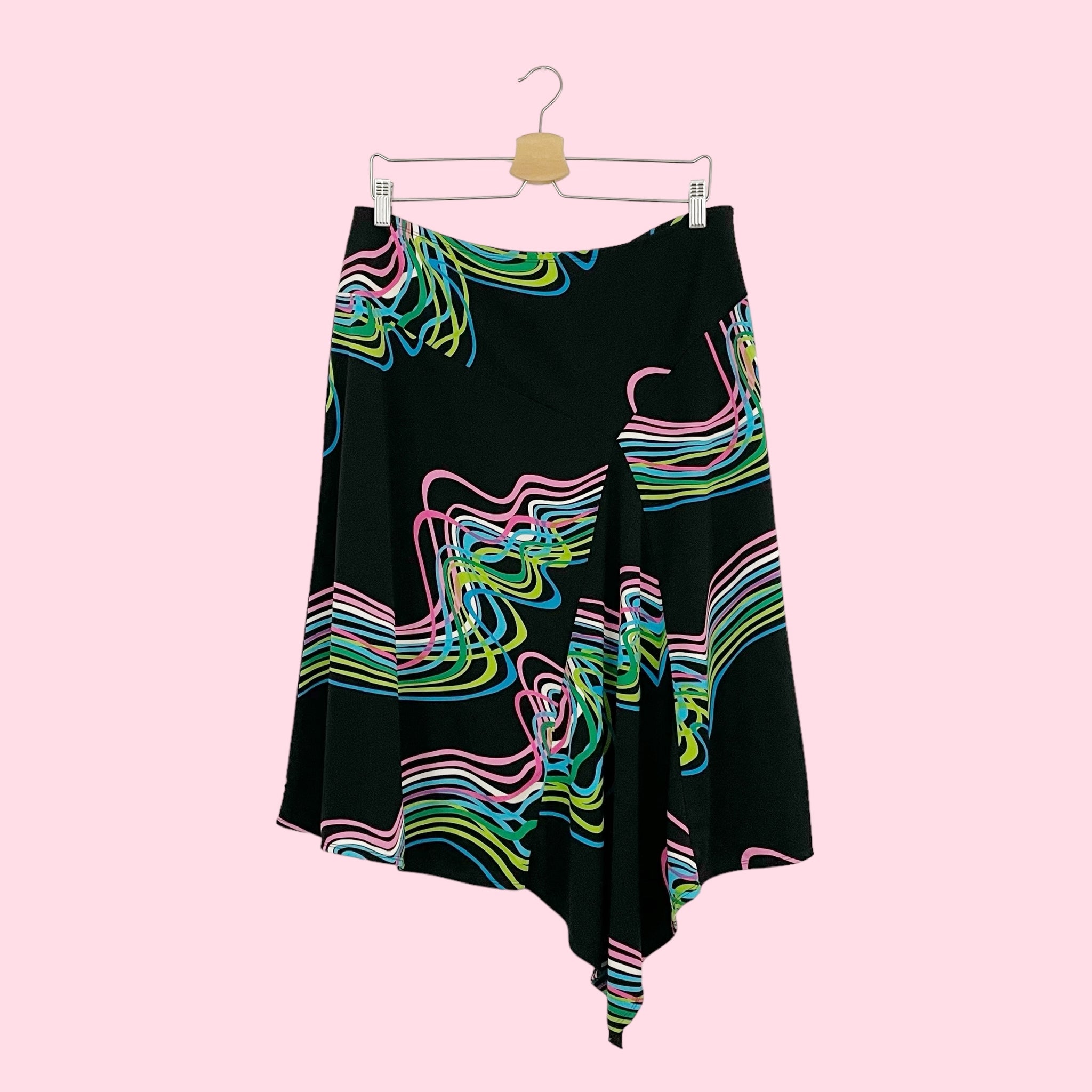 SQUIGGLE PRINT ASYMMETRICAL MIDI SKIRT (XL)