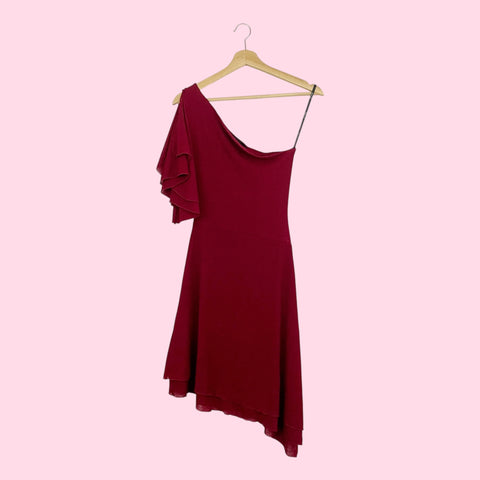 BURGUNDY ONE SHOULDER MIDI DRESS (XS)