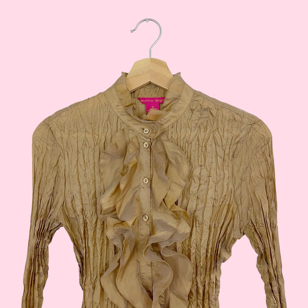 BROWN IRIDESCENT WRINKLED SILK BLOUSE (S/M)