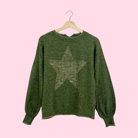 DEMOCRACY OLIVE GREEN STAR SWEATER (S)