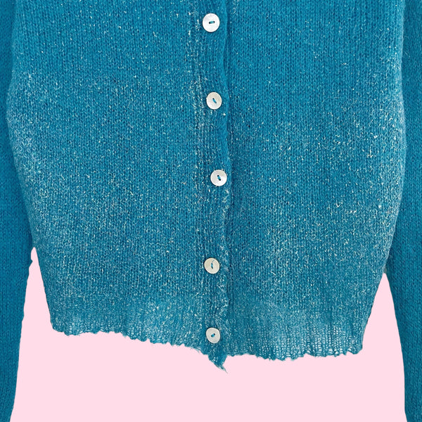 Dark Teal Mohair Cardigan w/ Iridescent Speckle (S)