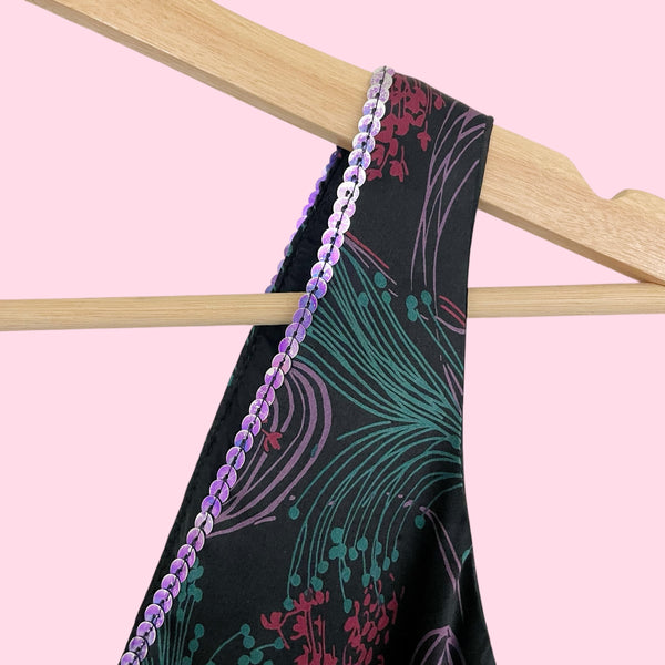 BETSEY JOHNSON PRINTED SILK MIDI DRESS W/ SEQUINS TRIM (M)