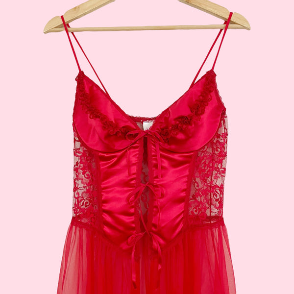 FREDERICK'S RED TIE FRONT LINGERIE DRESS (M)