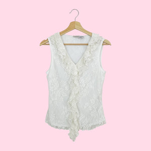 WHITE FLORAL LACE RUFFLE TANK (M)