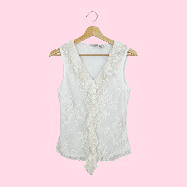 WHITE FLORAL LACE RUFFLE TANK (M)