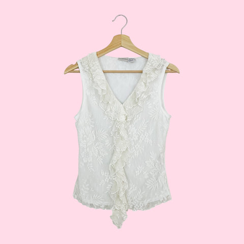WHITE FLORAL LACE RUFFLE TANK (M)