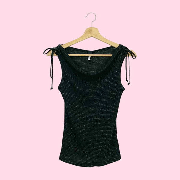 METALLIC STRIPED COWL NECK TANK W/ SHOULDER TIES (S)