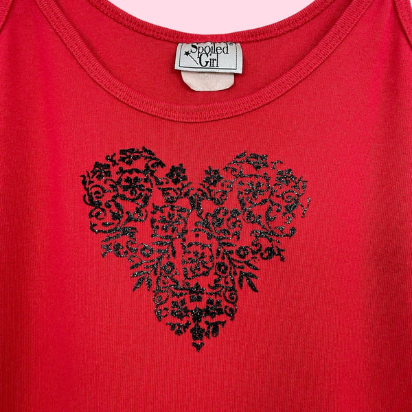 RED GLITTER VELVET FLOCKED HEART TANK (M/L)