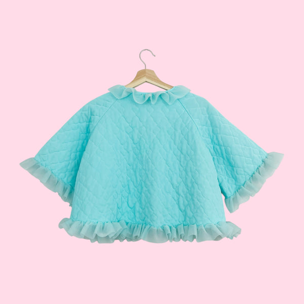 60s Aqua Quilted Ruffle Bed Jacket (S/M)