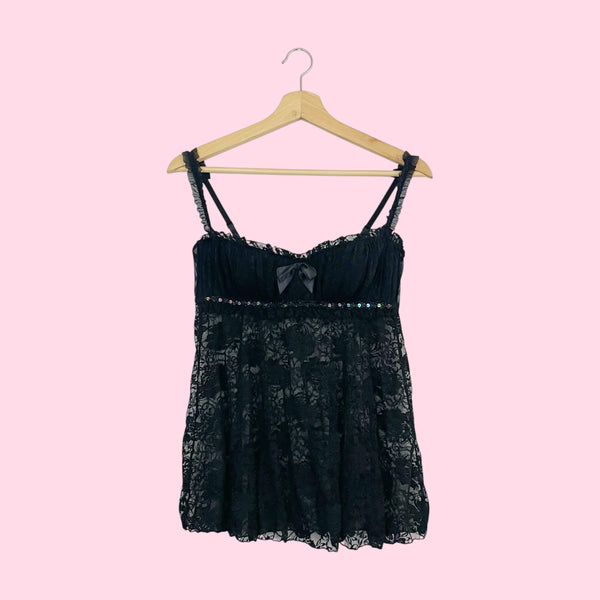 Frederick's Black Lace Babydoll w/ Sequins (L)