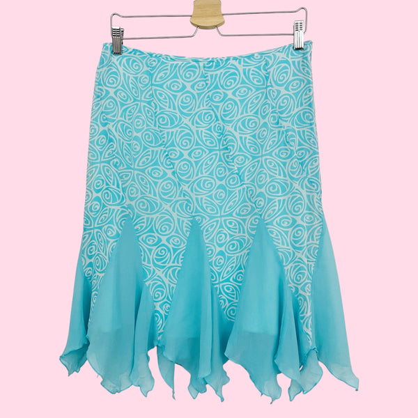 AQUA + WHITE PRINTED SILK MIDI SKIRT (S)