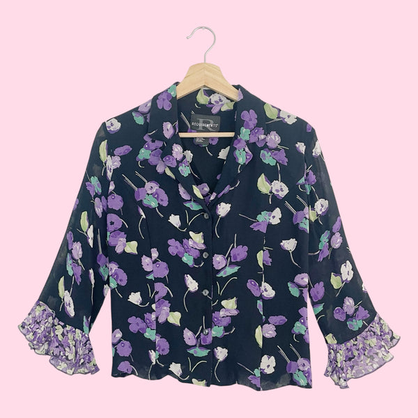 90s Navy Floral Rayon Tie Back Blouse (12)