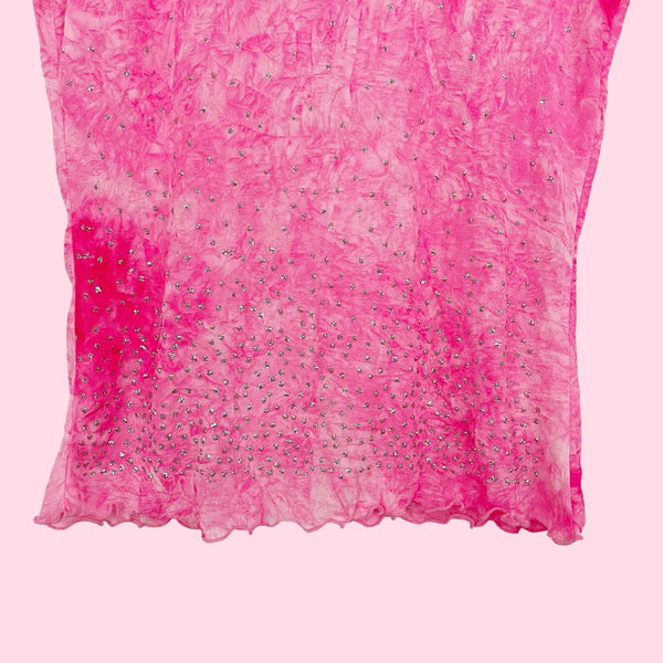 PINK TIE DYE MESH GLITTER DOT TOP (M)