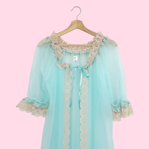 60s Aqua Nylon Peignoir w/ Tan Lace Trim (M)