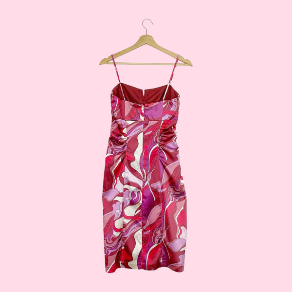 PRINTED RUCHED BODYCON MIDI DRESS (S)