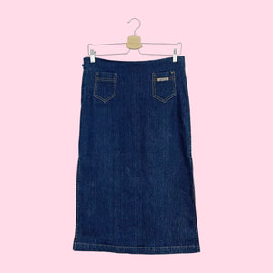 DARK STRETCH DENIM MIDI SKIRT W/ SIDE SLITS (M)