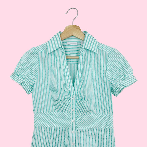 Y2K METALLIC MINT STRIPED OFFICE SIREN TOP (S)