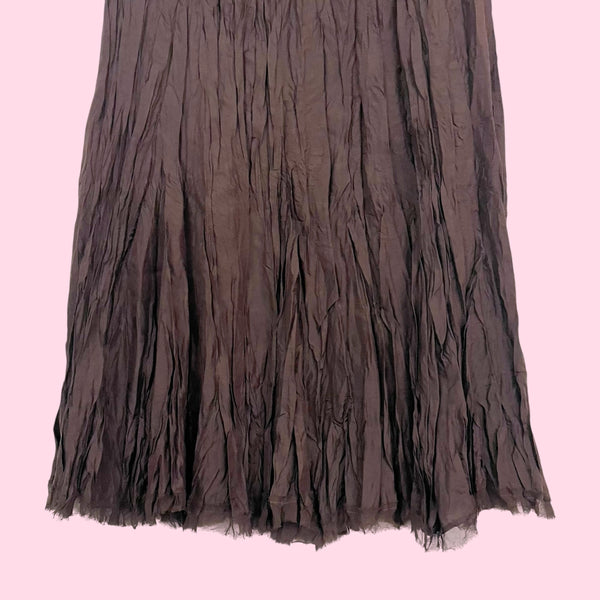 BROWN SILK WRINKLE PLEATED MIDI SKIRT (M)