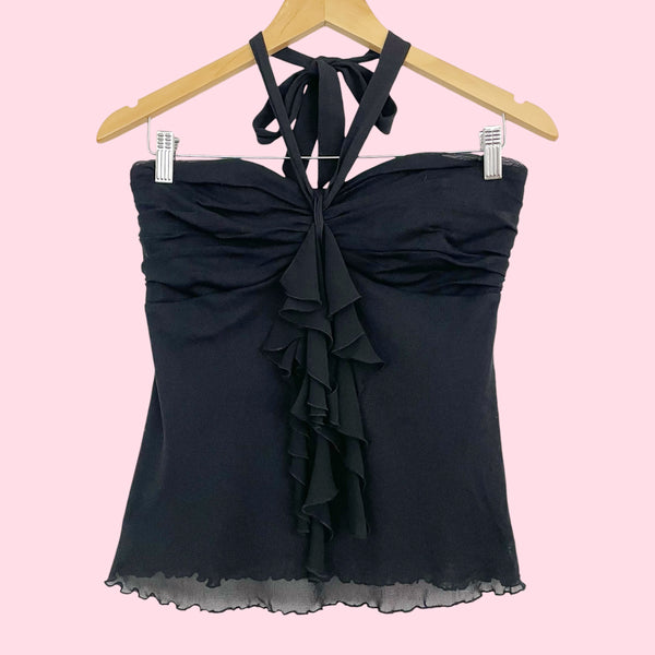 Y2K Black Mesh Ruffle Tube Top (M)