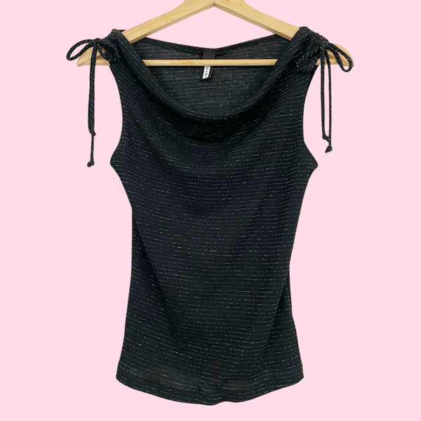 METALLIC STRIPED COWL NECK TANK W/ SHOULDER TIES (S)