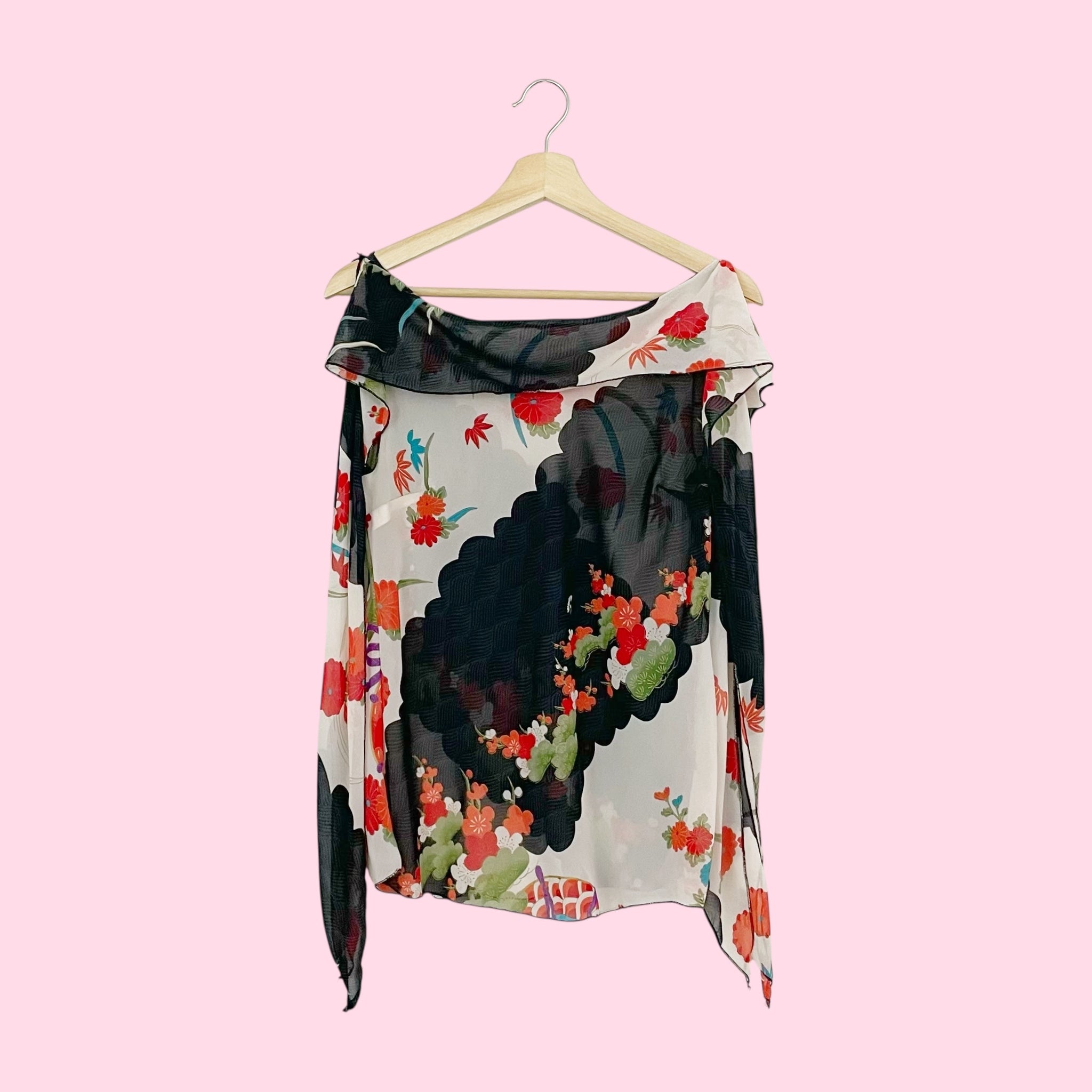 SHEER FLORAL PRINT TANK W/ OPEN TASSEL SLEEVE (S/M)