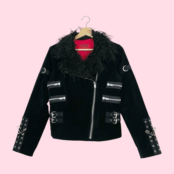 TRIPP NYC VELVET MOTO JACKET W/ FAUX FUR TRIM (M)