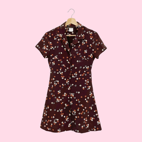 BROWN FLORAL BUTTON UP COLLARED DRESS (S)